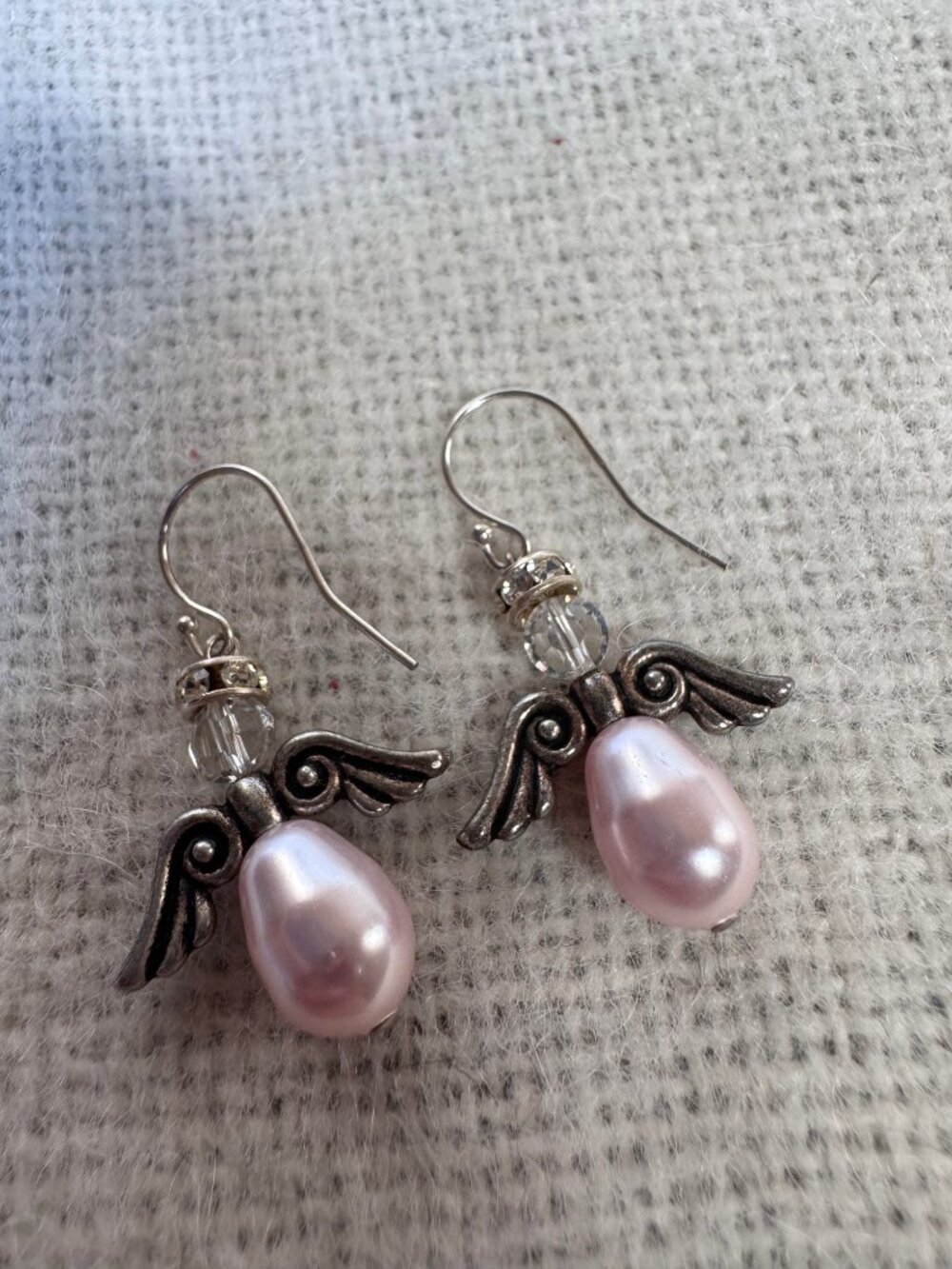 Handmade Pink Pearl Guardian Angel Wing Dangle Earrings Faceted Rhinestone Halo